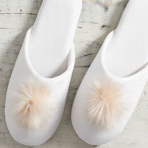 Brand new Pottery Barn white velvet Pom Pom Slippers Size Medium (7 1/2-8 1/2)